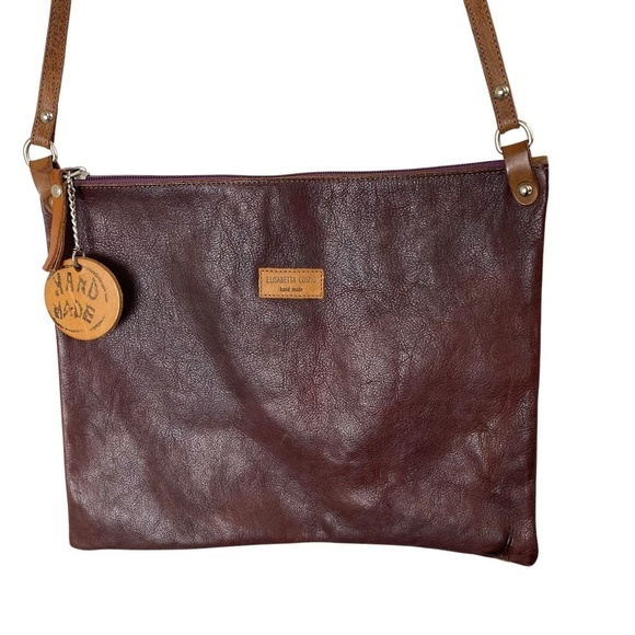 ELISABETTA COSMO Italian Leather Crossbody Pouch Hand made in Burgundy and Brown - Picture 2 of 11